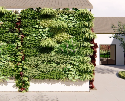 Mit Grünzeug verkleidete Gebäudefassade